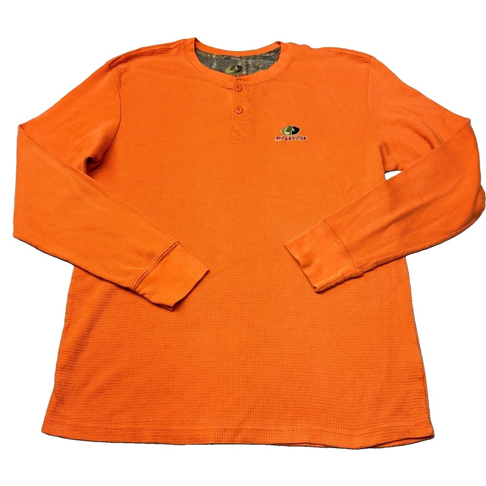 Mossy Oak Hunter Orange Thermal Long Sleeve Shirt Mens Sz L Waffle Knit Outdoor